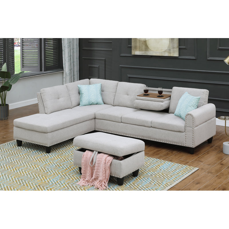 Alger 98" Wide Left Hand Facing Sofa & Chaise with Ottoman, Light Gray Linen Blend