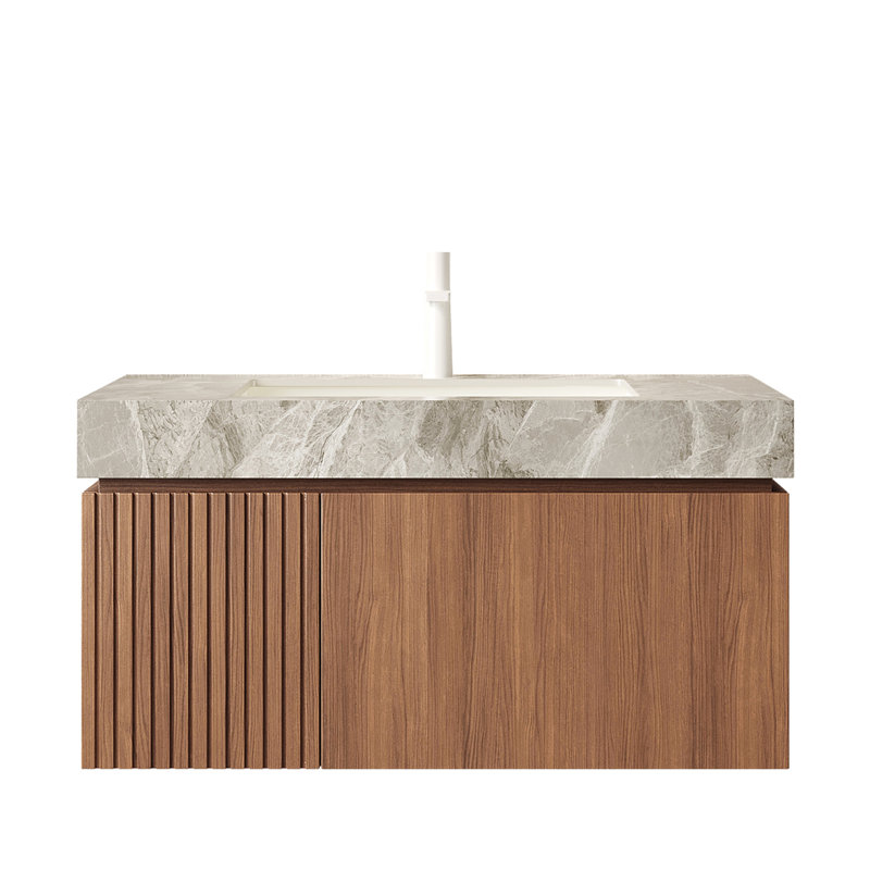 Meuble-lavabo 36 po avec surface en pierre frittée, vasque en céramique, armoire en contreplaqué, tiroir et porte, aspect chêne brun