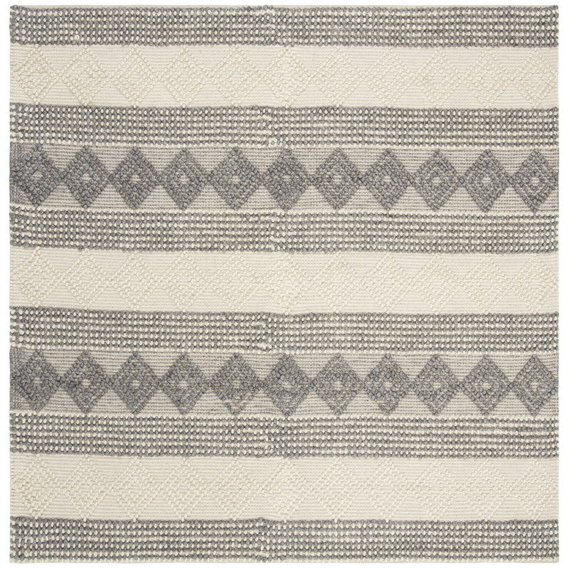 Tapis en laine / coton tissé à la main jacquard en ivoire / gris jacques, Carré 8 pi