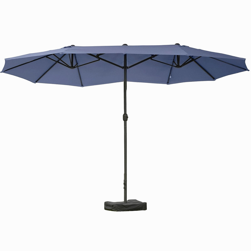 Parasol de patio rectangulaire extérieur en acier 15 'avec base, protection solaire et manivelle pour terrasse, Bleu