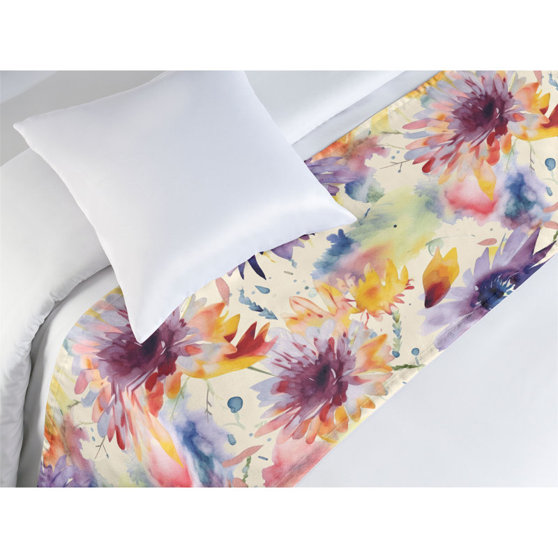 Ambesonne Aquarelle Flowers Bed Scarf Runner Dreamy Floral Art Pale Yellow Lavender, Twin