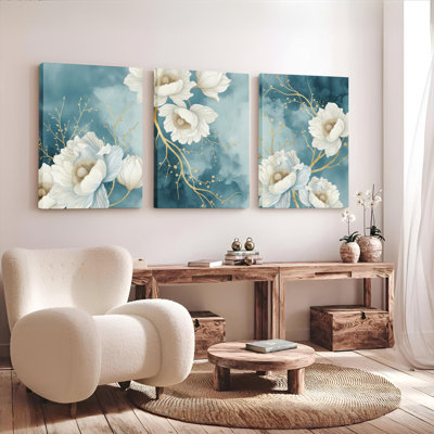 Ensemble de 3 tableaux sur toile tendue, à motifs floraux blancs et de vigne dorée, pour la décoration du salon, de la chambre et de la maison.