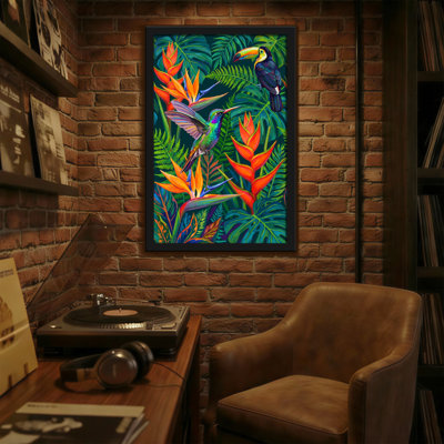 Animaux, oiseaux tropicaux et fleurs vibrantes