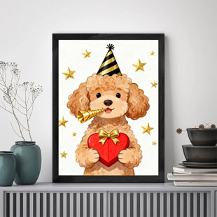 Black Framed New Year Wall Art Whimsical Poodle-Themed Festive Snowy Frame Print