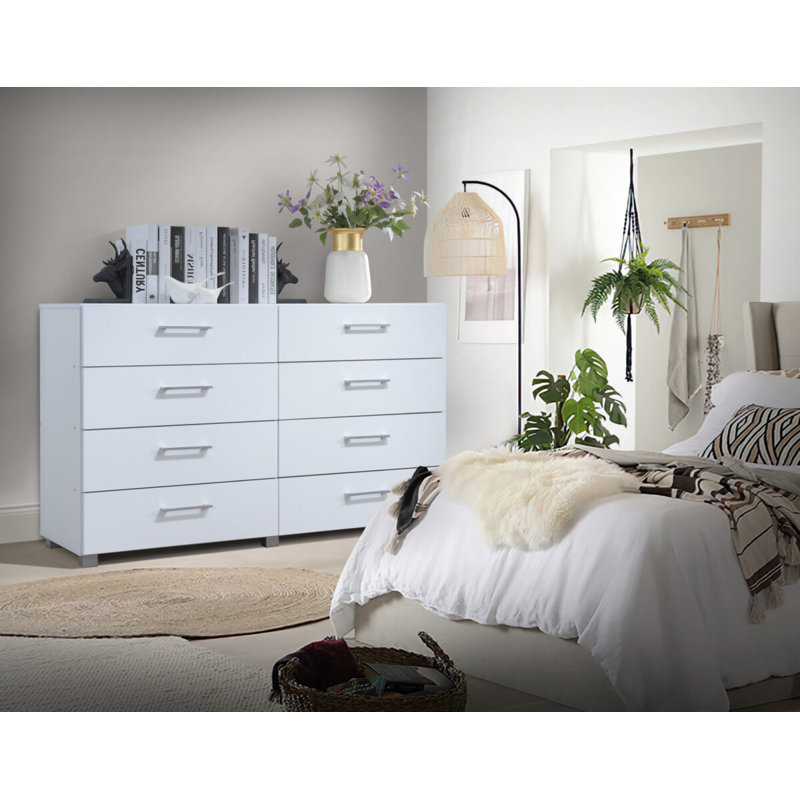 Commode double 8 tiroirs avec glissières en métal, Blanc