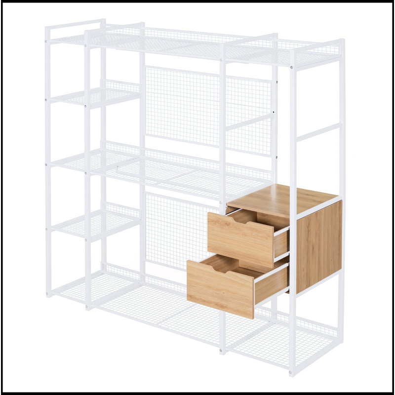 Armoire ouverte avec rails suspendus, tablettes et tiroirs, blanc
