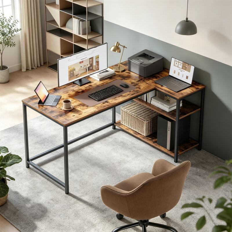L-Shaped Metal Base Computer Desk, Rustic Brown