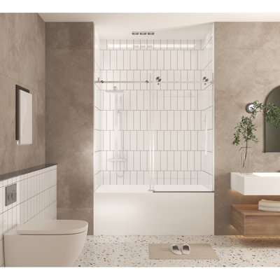 Porte de douche de salle de bain 56 - 60 po x 60 po, verre trempé transparent de 1/4 po, couche de protection à l'épreuve de la chaleur, poignée allongée en acier inoxydable, rails ronds en nickel brossé pour un mouvement fluide, protection, grande couleur