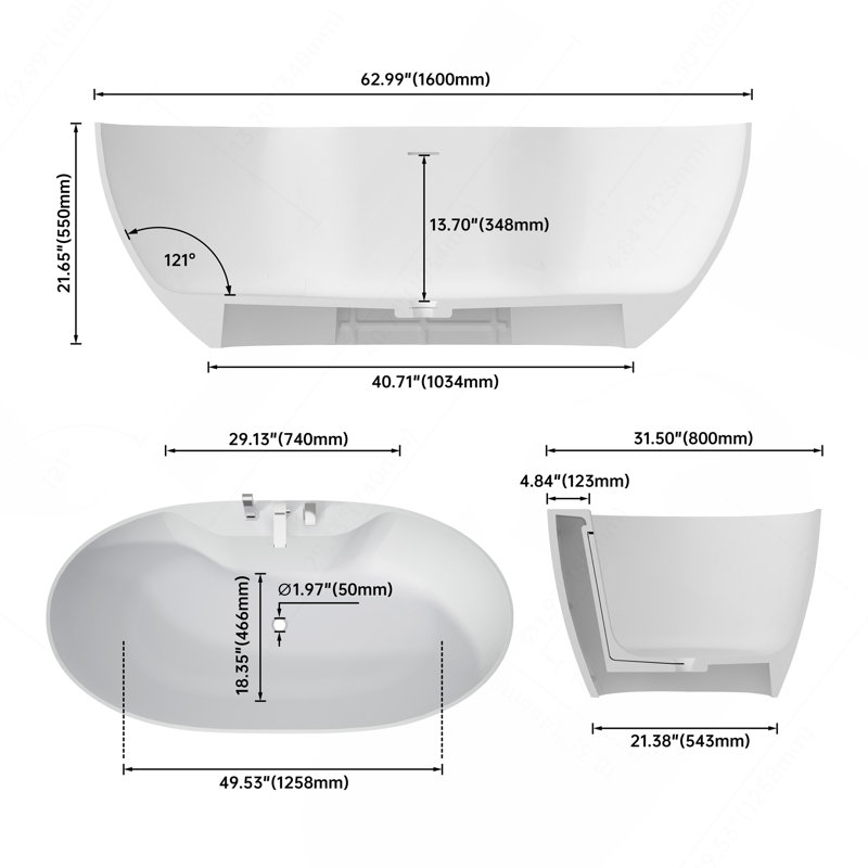 Baignoire de trempage profonde à surface solide de 63 po avec trois trous 63 po
