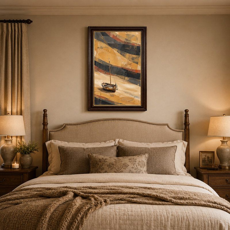 Voilier en bois avec ancres sur toile abstraite sable, H 24 po x l 16 po
