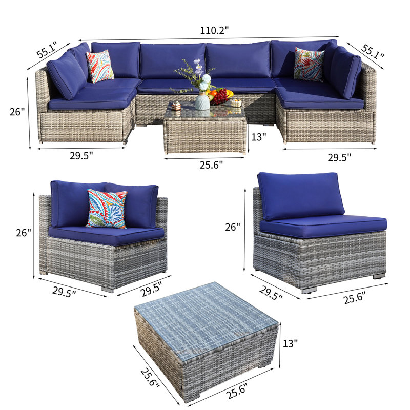 Siardus 110.2'' Wide Reversible Steel Patio Sectional with Cushions, Gray, Navy