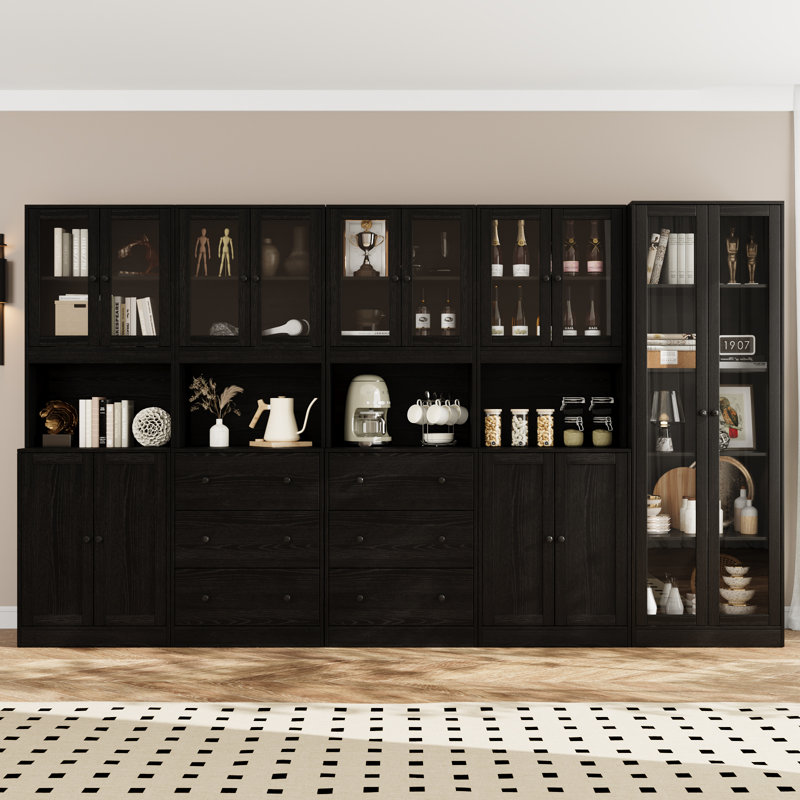 Book Cabinet Storage Bookcase, 5-Tier Modern Bookshelves With 3 Large Drawer And Glass Door(2A+2B+C), Black