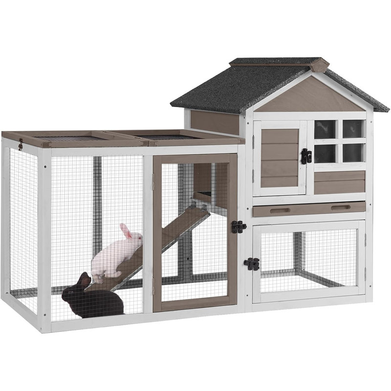 Small Animal Hutch with Ramp, Brown/White