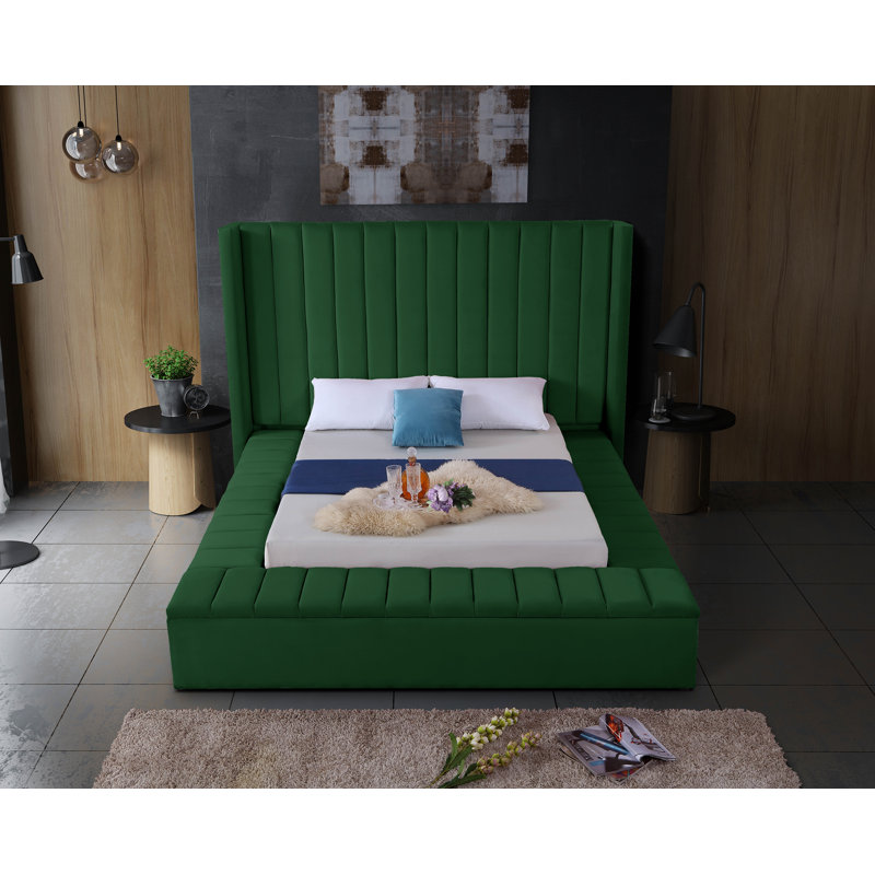 Rick Upholstered Wingback Bed, King, Green Velvet