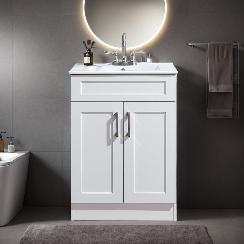 Meuble-lavabo simple 24 po à 2 portes avec plateau en céramique, Blanc