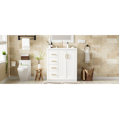 Bathroom Vanity With Ceramic Sink, Wood Frame Bathroom Storage Cabinet With Drawers And Soft Closing Doors