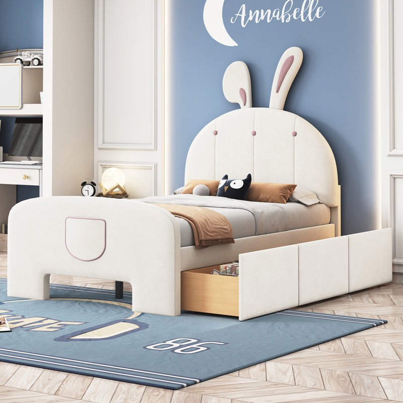 Lit Ardice Ornello, cadre de lit, lit plateforme avec tête de lit en forme de lapin, lit avec cadre de rangement, Lit simple