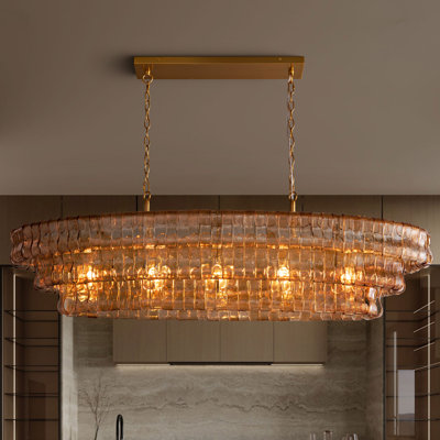 Kancler 53.7" 5-Lights Large Tiered Rectangle Gold Chandelier with Smoke Glass Shade
