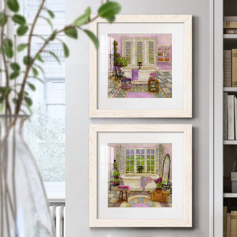 Sunny Day Bath I - ensemble de 2 peintures encadrées, H 17 po x l 34 po x P 1,5 po, Cadre blanc