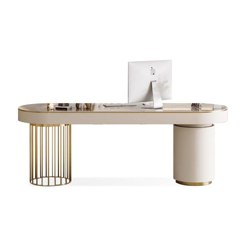 Bureau de direction avec tiroirs White Oval Sintered Stone, H 29,53 po x l 62,99 po x P 23,62 po, Retour à gauche