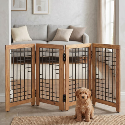 4-Panel Wooden Pet Gate with Grid Mesh Design – Foldable Freestanding Barrier – Stylish Pet Safety Fence for Doorways & Stairs