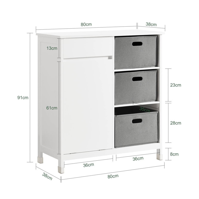 White MDF Laundry Sorter Cabinet with Gray Fabric Baskets