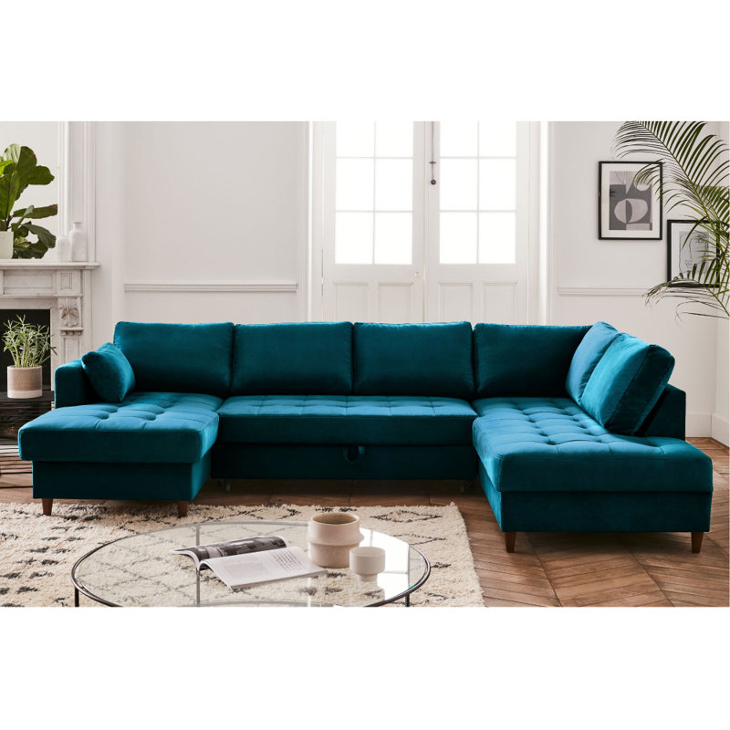 7 Seater Velvet Sofa Bed, Peacock Blue, Right Hand Facing