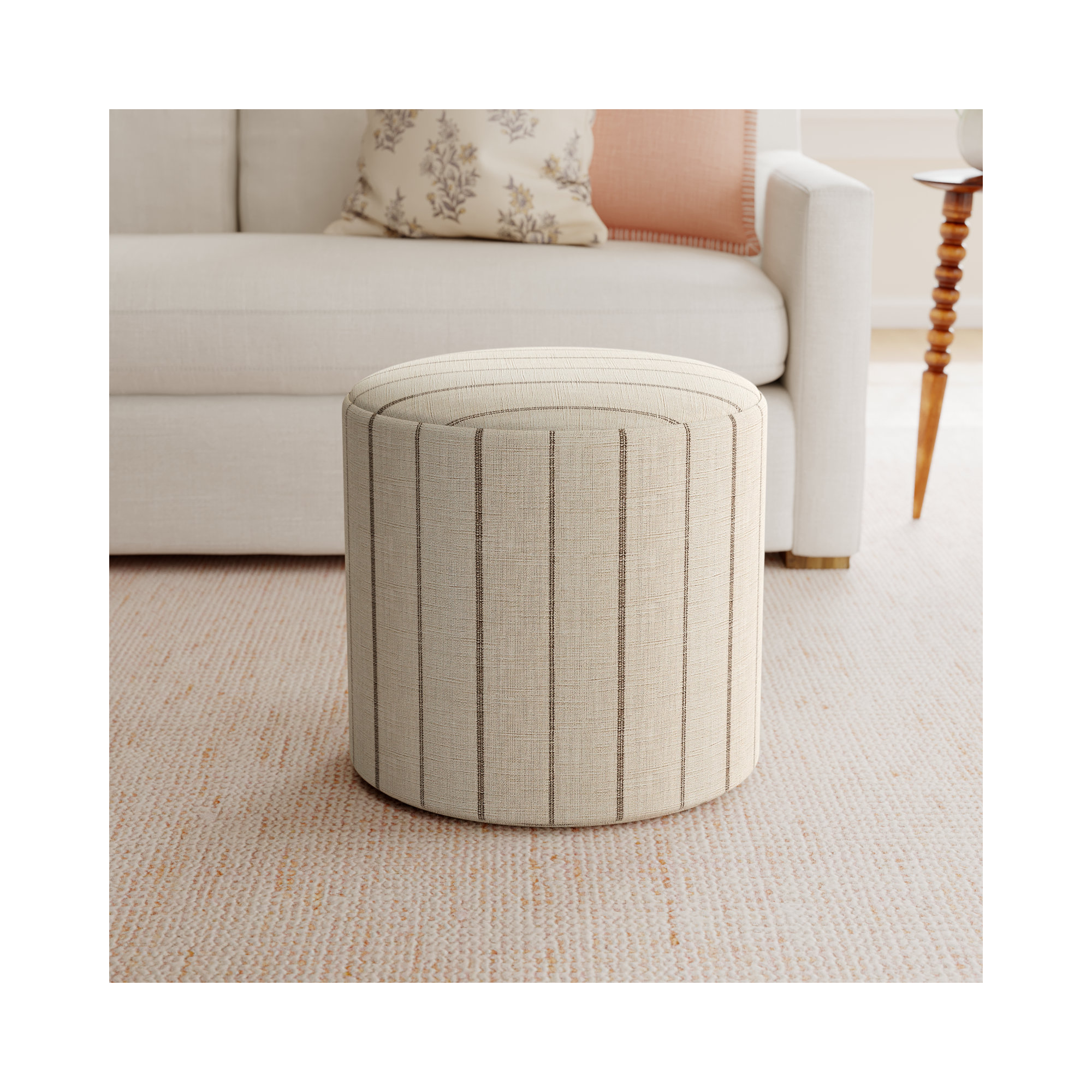 Epaulette Upholstered Ottoman, Fritz Charcoal Stripe