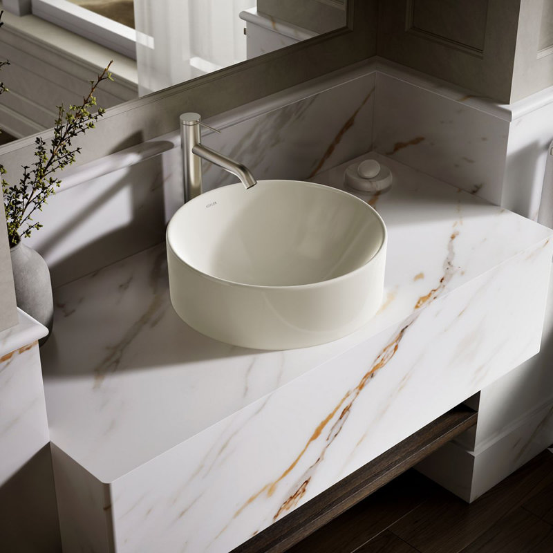 Vox® Vitreous China Circular Vessel Bathroom Sink with Overflow, Biscuit
