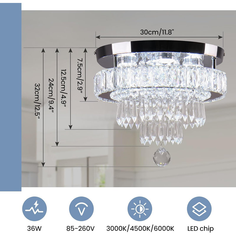 11.8" Modern Crystal LED Ceiling Light with Stainless Steel Base