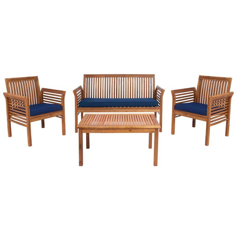 Mokane Acacia 4 - Person Patio Conversation Set with Cushions, Natural Frame/Navy Cushion