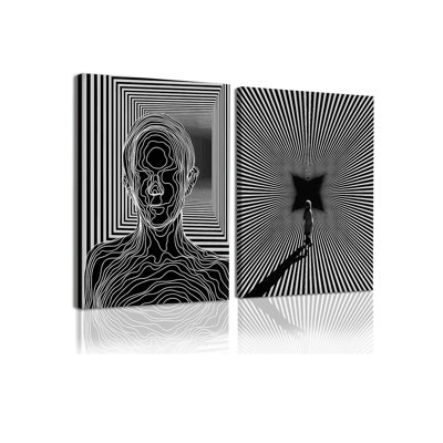Abstrait art mural, ensemble de 2 impressions sur toile encadrées, lignes noires et blanches, art mural 12 X 16 pouces, illusion optique, affiche murale minimaliste moderne pour le salon