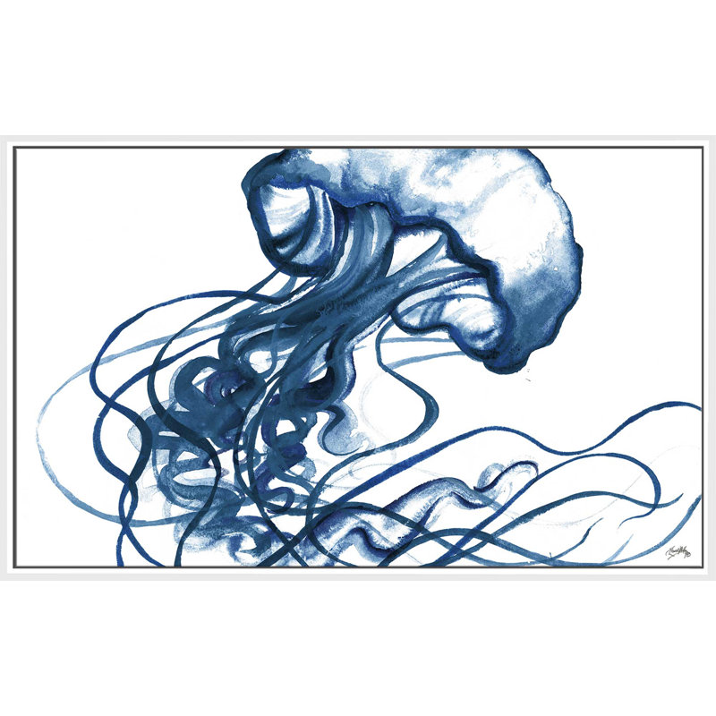 «Jelly Fish in Blue», reproduction de peinture à l'aquarelle, H 21,5 po x l 33,5 po x P 2 po, Cadre flottant blanc