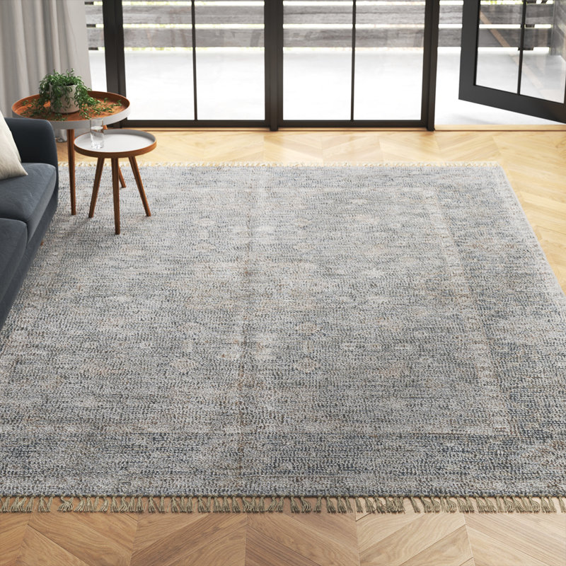 Tapis gris en coton / laine noué à la main Amraj, Rectangle 9 pi x 12 pi