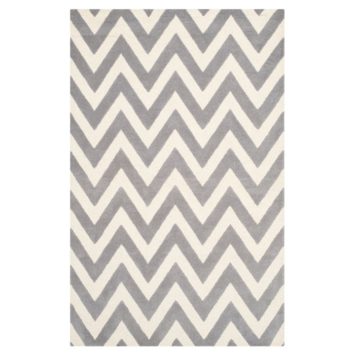 Silver and Ivory Hand-Tufted Wool Zig Zag 8' x 10' Area Rug