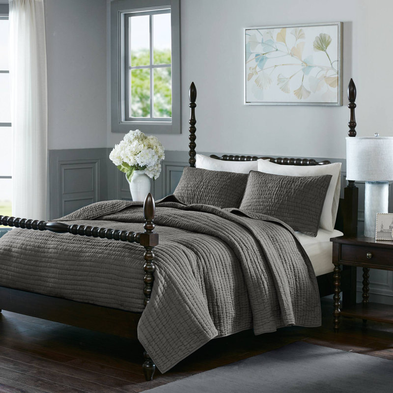 Madison Park Signature Serene 3 Piece Hand Quilted Cotton Quilt Set, Full/Queen Coverlet + 2 Standard Shams, Gray