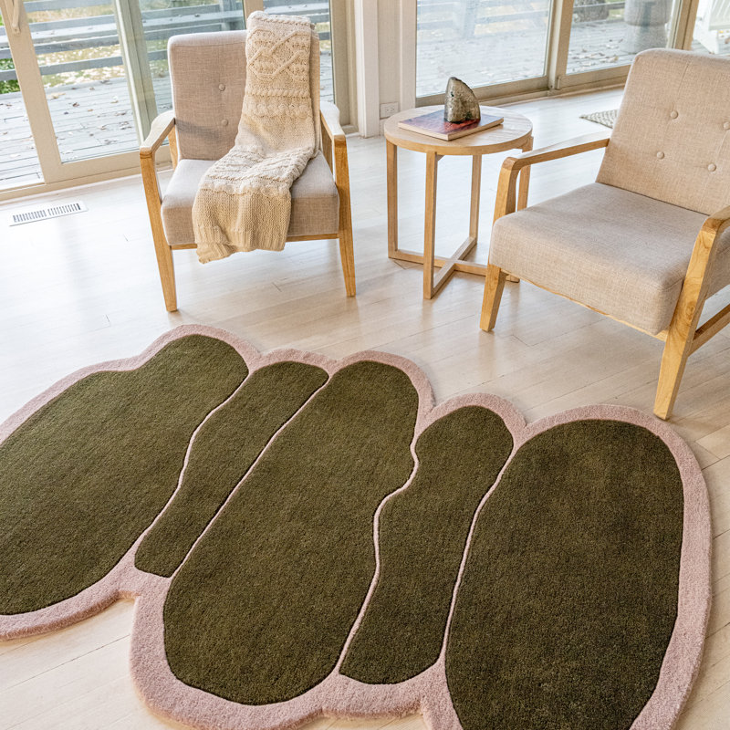 Whimsical Green and Pink Handwoven Wool Kids Area Rug, 6' x 9'