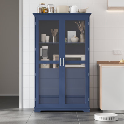 Spacious 44.7x20x75inch Pine Wood Kitchen Pantry Cabinet with Glass Doors and 4 Drawers for Versatile Storage