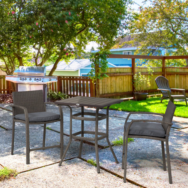 3 PCS Rattan Wicker Bar Set With Wood Grain Top Table And 2 Bar Stools