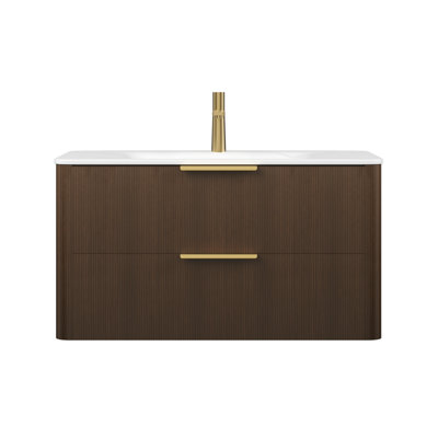 36-Inch Bathroom Vanity With Sink, Featuring A Calatrava White Sintered Stone Heat-Formed Integrated Basin, Pre-Assembled, Walnut Finish