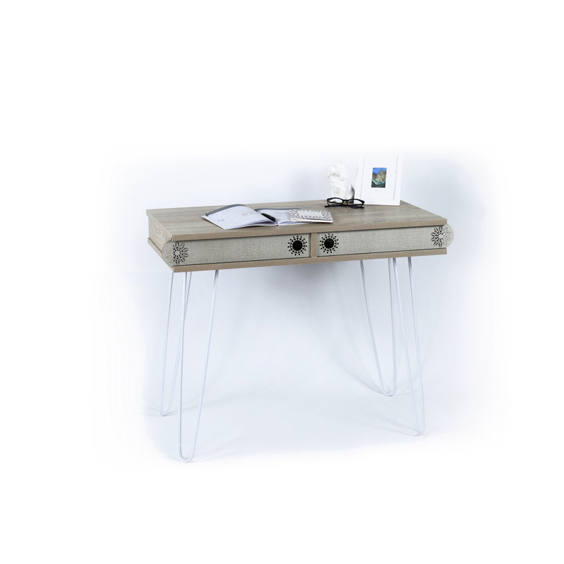 Bureau moderne à deux niveaux avec pattes en métal, chêne clair, 51 cm de largeur x 69 cm de hauteur x 94 cm de profondeur, bois de chêne, style contemporain