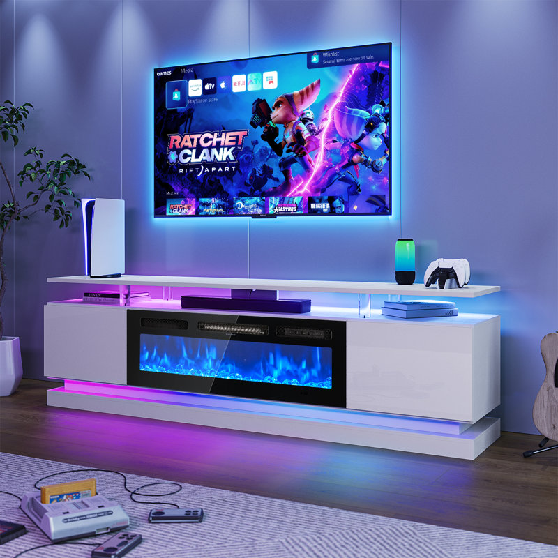 TV Stand Fireplace, 61.5 cm H x 177.8 cm W x 35.1 cm D, White/Black