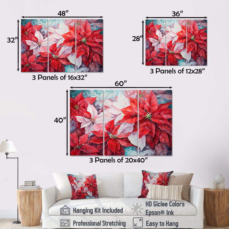 «Poinsettias White and Red Blossom I», ensemble d'art mural champ de fleurs, H 40 po x l 60 po x P 1 po