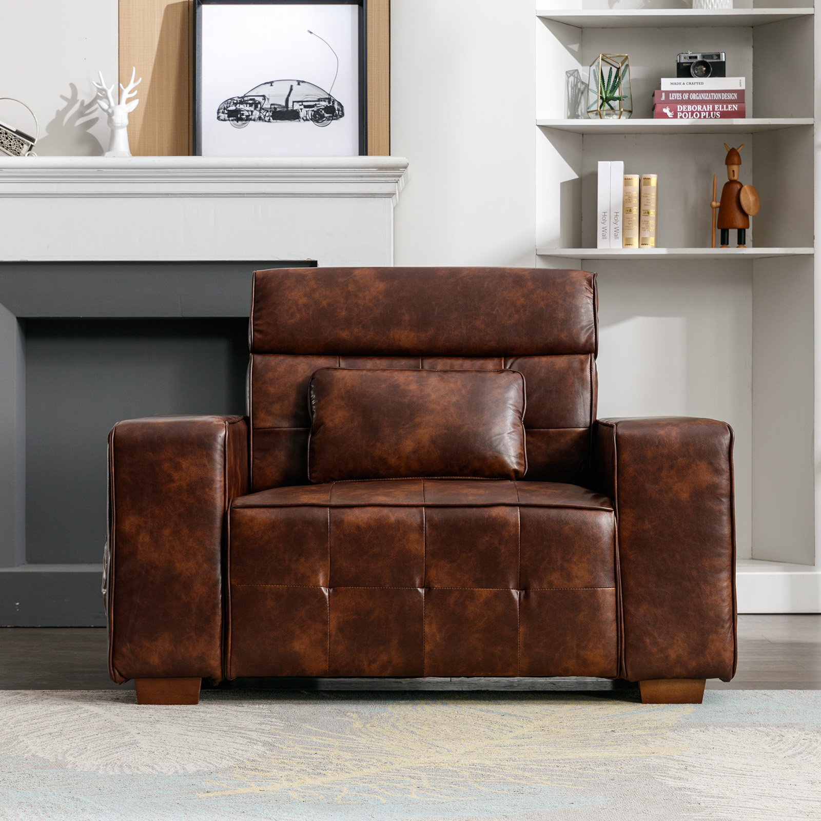 Daryon Leather Club Accent Chair - Luxurious Comfort, Goose Feather Cushion Filling, Square Arm Design Latitude Run