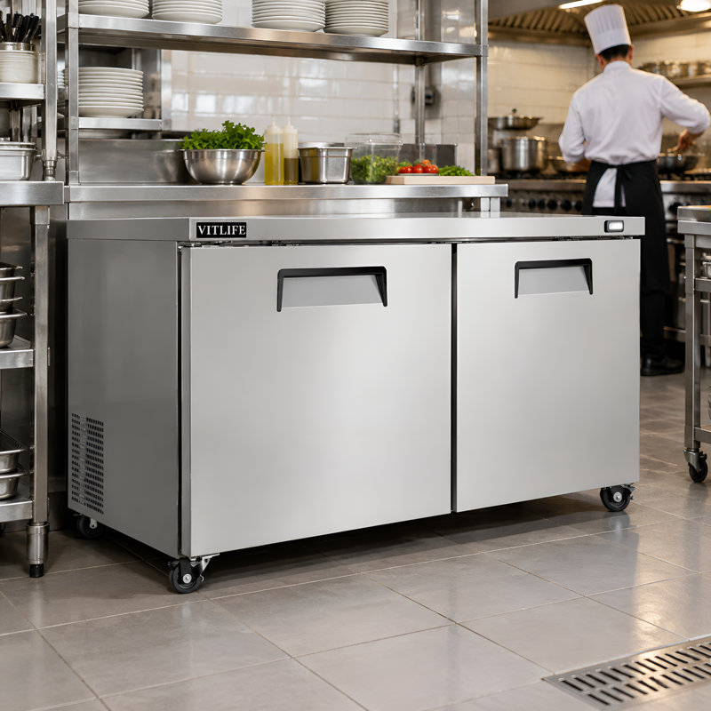 VITLIFE 60" W Commercial Under Counter Freezer, 17 Cu.ft, 2 Doors,Stainless Steel Worktop Undercounter Freezer for Restaurant, Bar, Shop