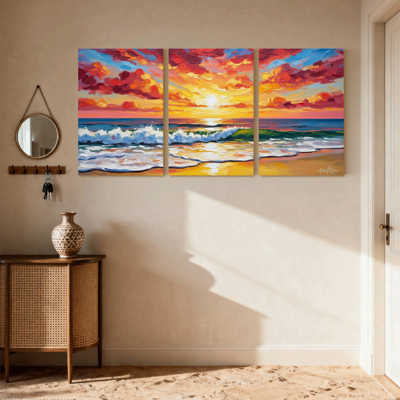 «Nautical & Beach Vibrant Sunset Ocean Waves Sky Colors Beach Scene», ensemble de 3 reproductions d'art sur toile