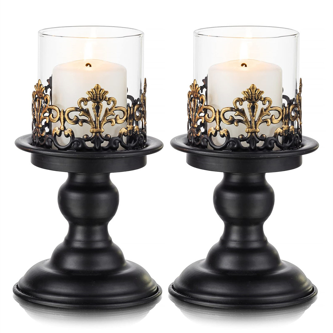 Black Shabby Chic Pillar Candle Holder Set, Gothic Rustic Glass Hurricane Centrepieces