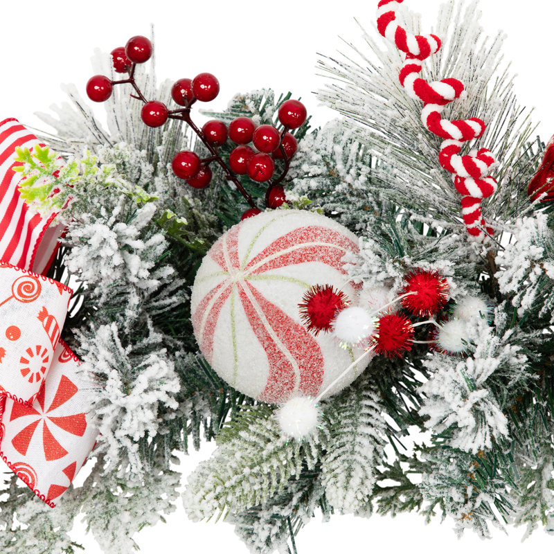 Heavily Flocked Pine With Candy Cane Striped Bows Artificial Christmas Garland - 6' X 8" - Unlit