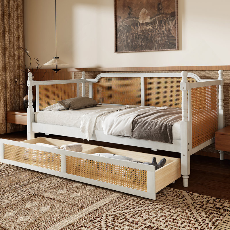 Lit de jour en rotin avec 2 tiroirs, Lit simple, Blanc antique