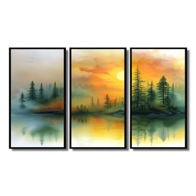 Vert, jaune, lever de soleil, brouillard dans la forêt I - ensemble d'art mural forêt